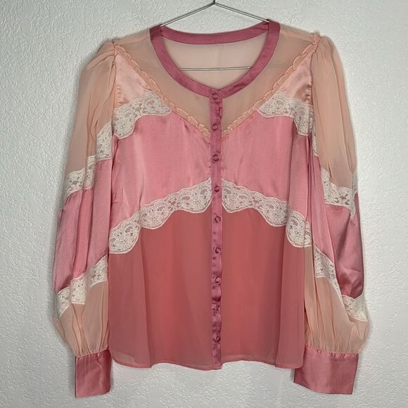LoveShackFancy Fia Skirt & Zaria Blouse Pink Colorblock Silk Large/Med Revolve - Picture 4 of 16
